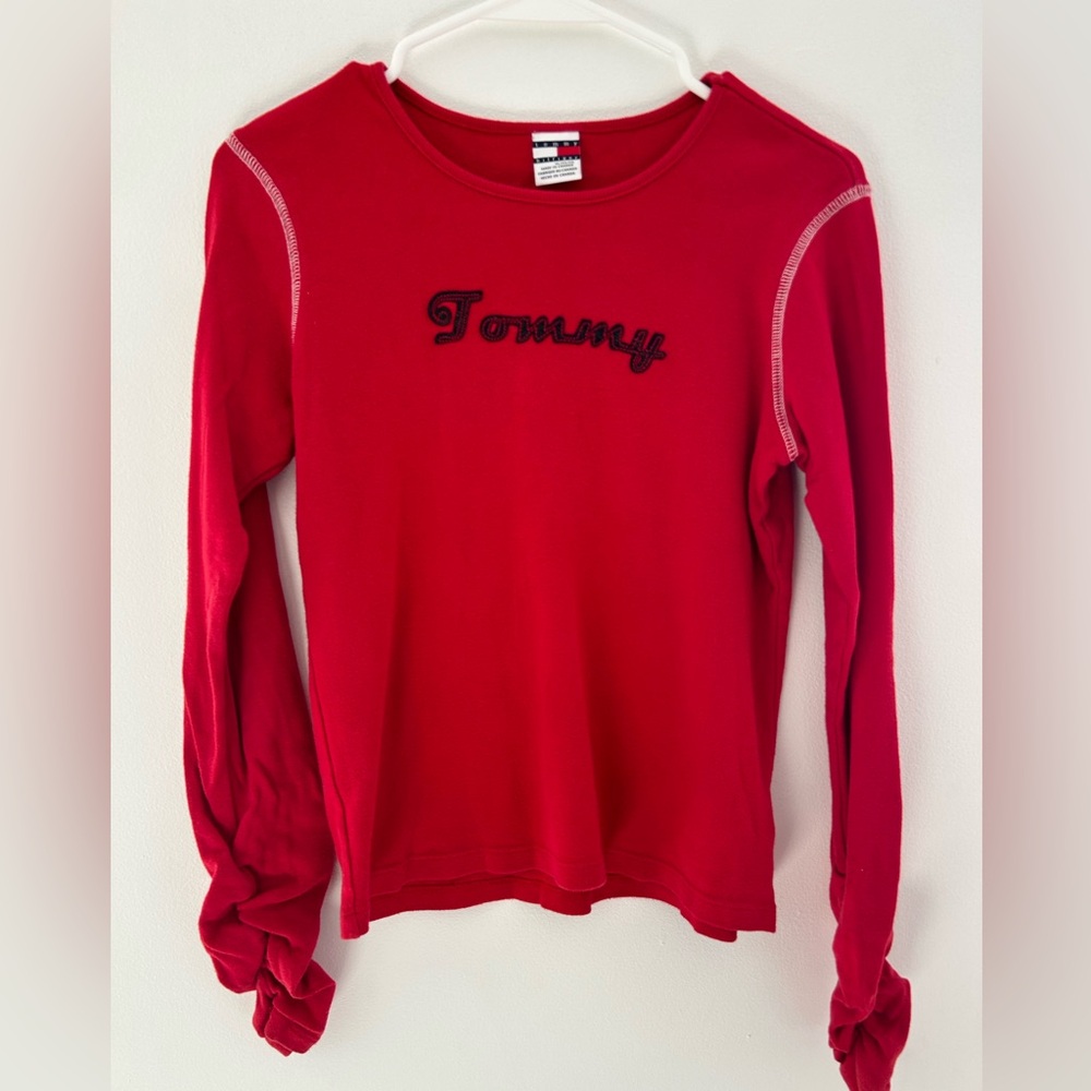 Vintage 90s Y2K Tommy Hilfiger Logo Long Sleeve Top Red Size XL